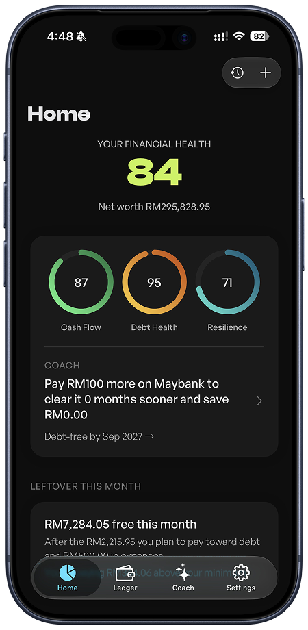 Keel home screen showing health score and three rings