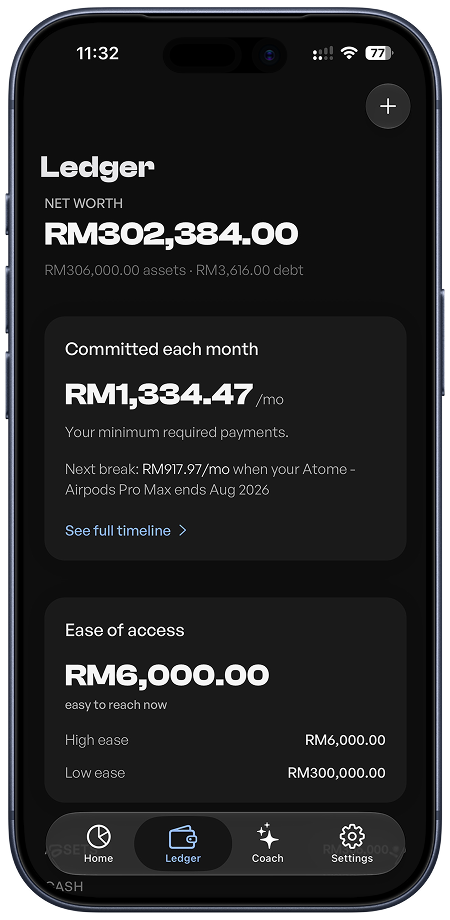 Ledger screen showing net worth and commitments ordered by ease of access