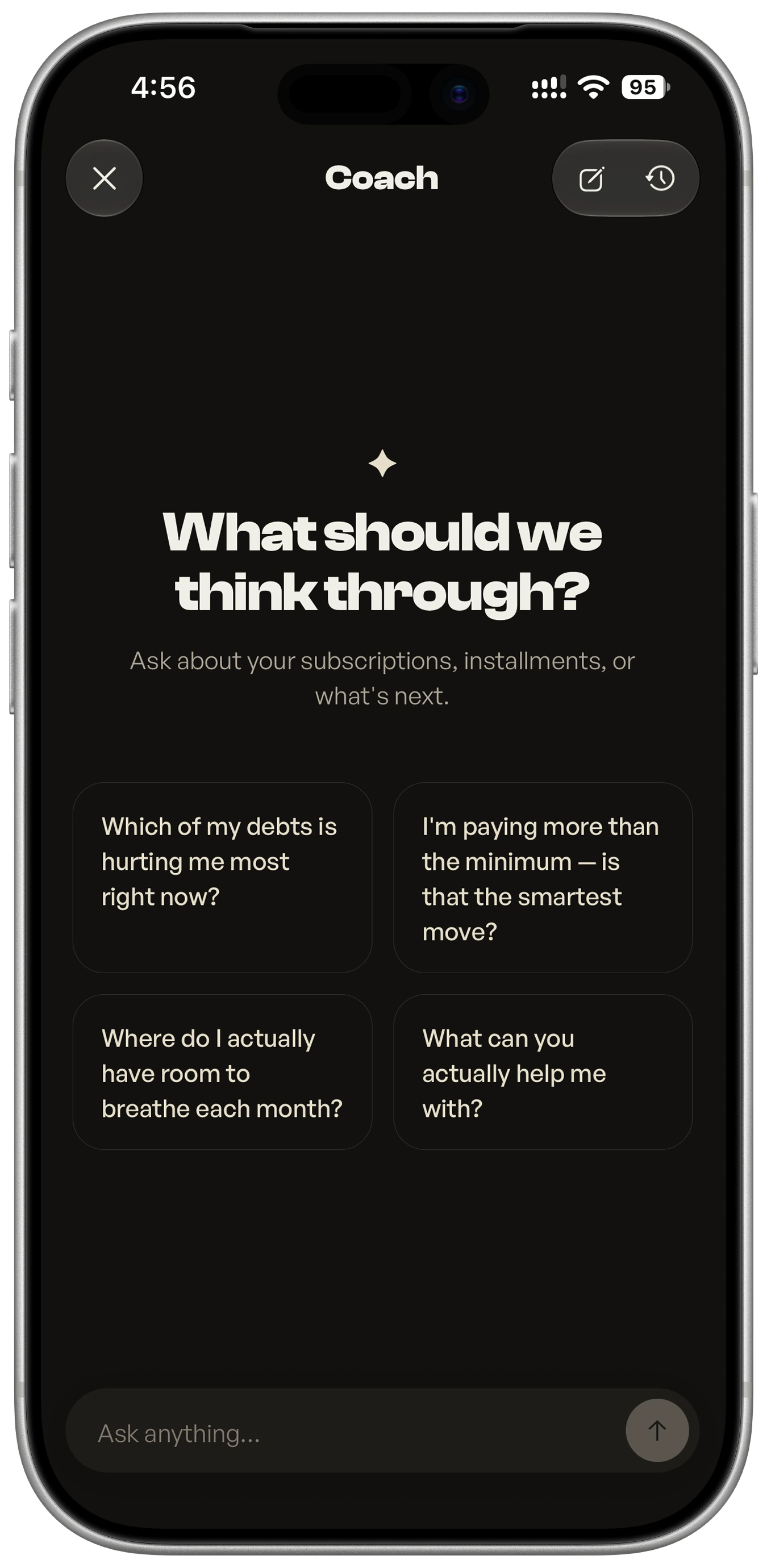 Keel Coach with useful starter questions about debt and monthly room