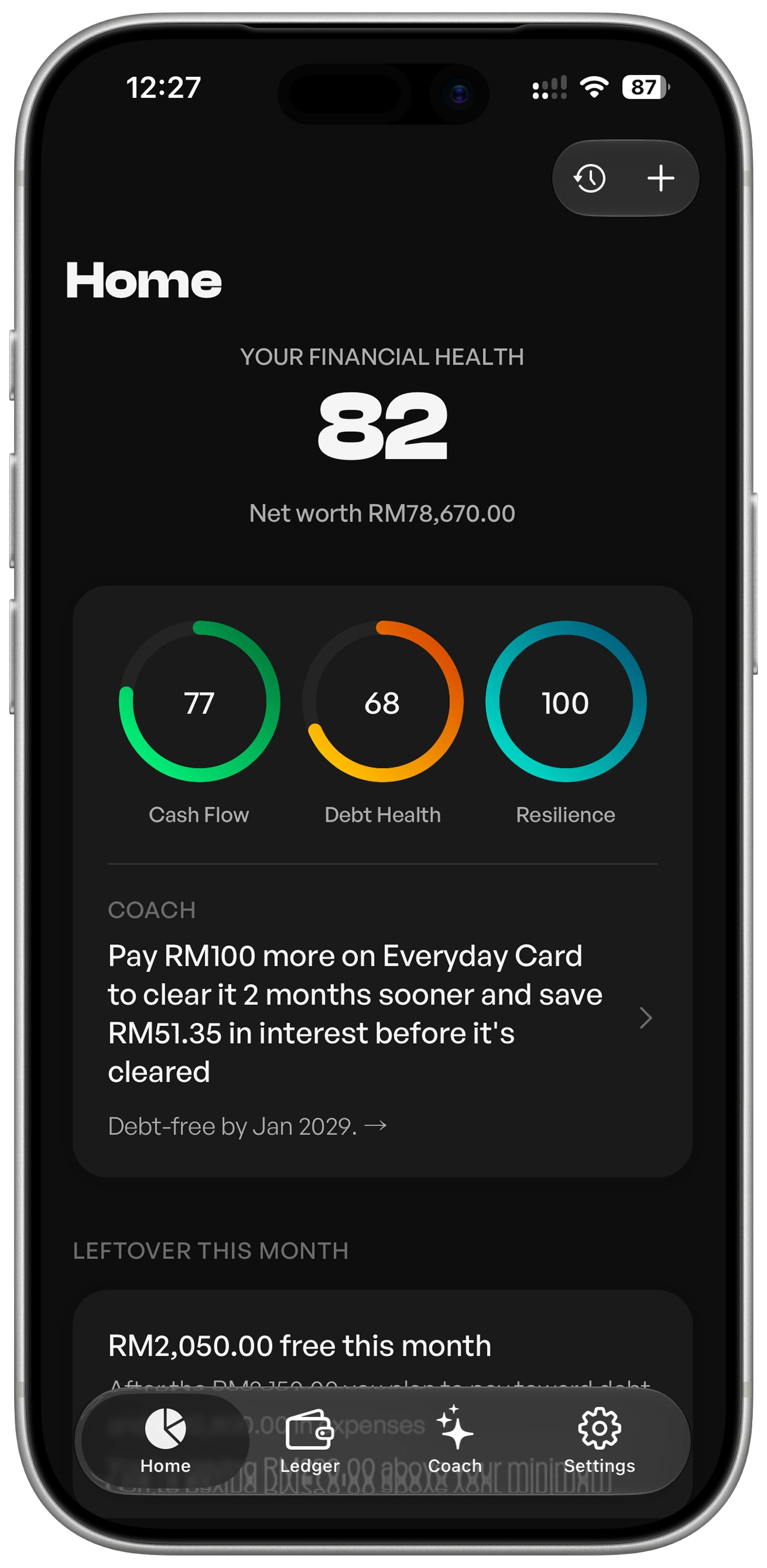 Keel home screen showing financial health, monthly room, and a personalised Coach recommendation