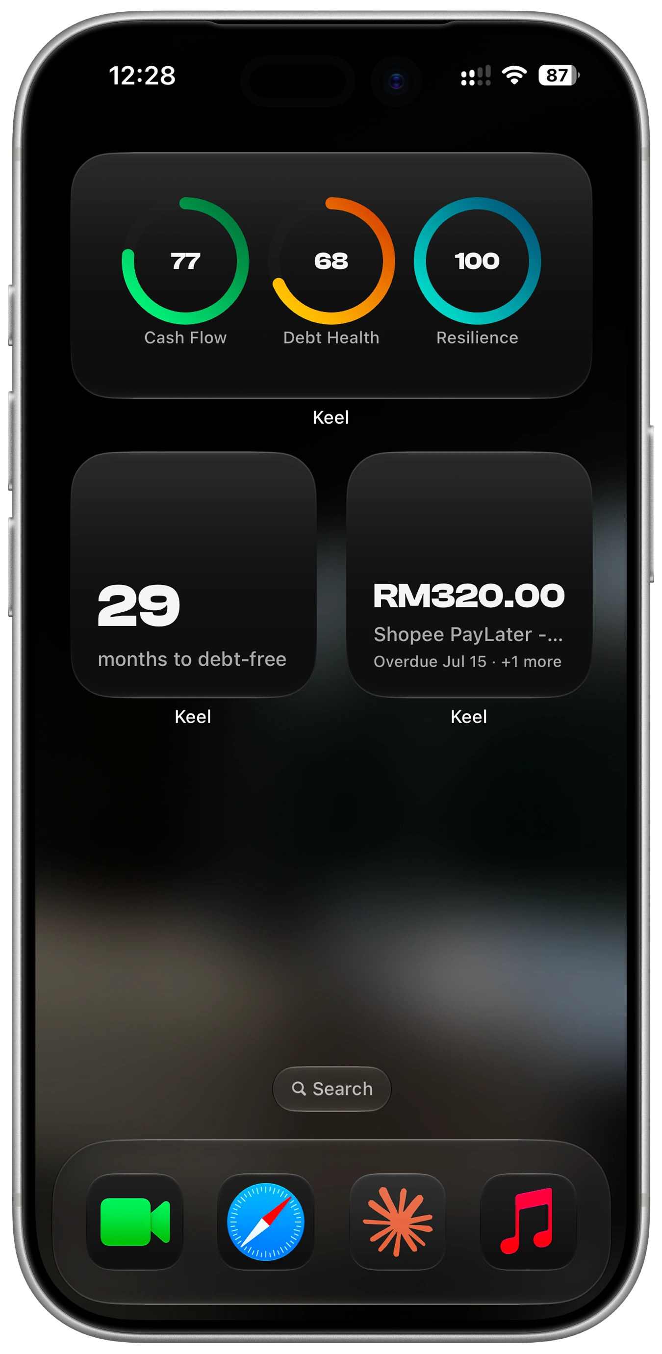 Keel iPhone widgets for financial health, months to debt-free, and overdue commitments